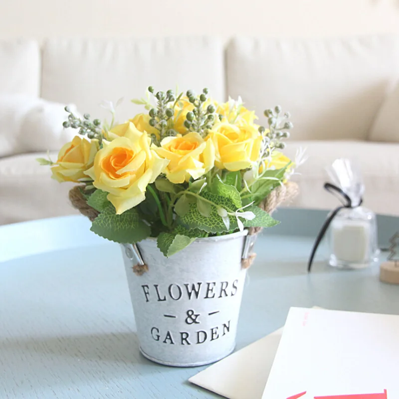 Искусственные Шелковые Розы цветы с железным горшком мини бонсай настоящие на