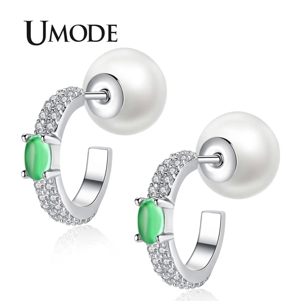 UMODE модные серьги с искусственным жемчугом, круглые серьги с половиной обруча, ювелирные изделия для женщин, Зеленый австрийский горный хрусталь Oorbellen Bijoux Femme UE0337