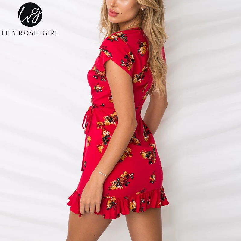 Lily Rosie/красное пляжное мини платье с цветочным принтом для девочек сексуальное
