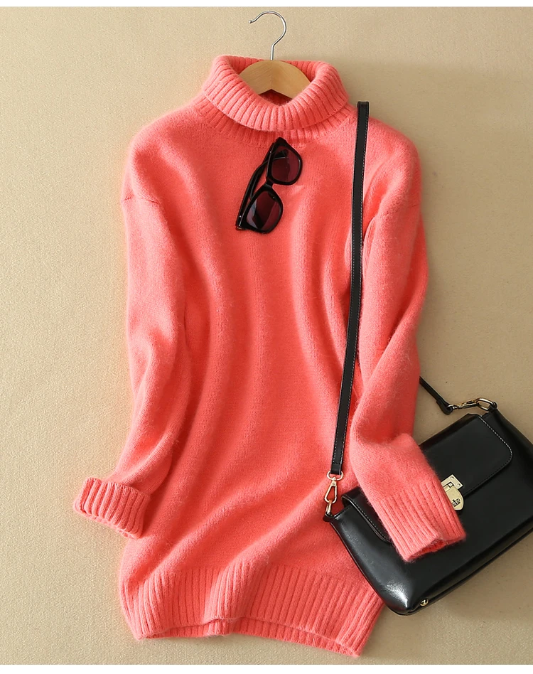 

100%goat cashmere thicken plain knit women's fashion mid-long pullover sweater dress S-2XL wholesale retail