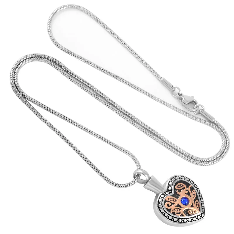 

JJ8674 Inlay Blue Zircon Heart Stainless Steel Cremation Jewellery hold Ashes -Engravable Keepsake Urn Necklace Memorial pendant