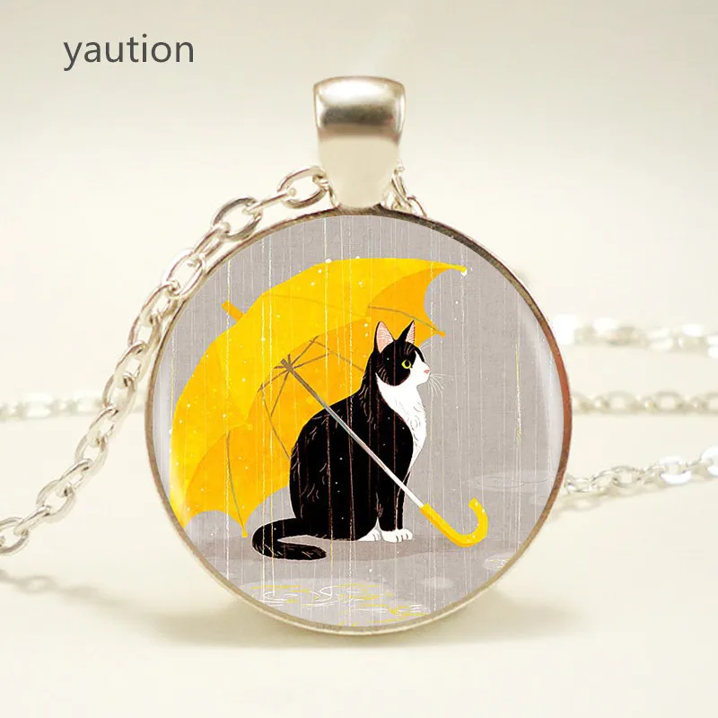 Модное ожерелье с подвеской в виде кота под дождем искусство стекло кабошон