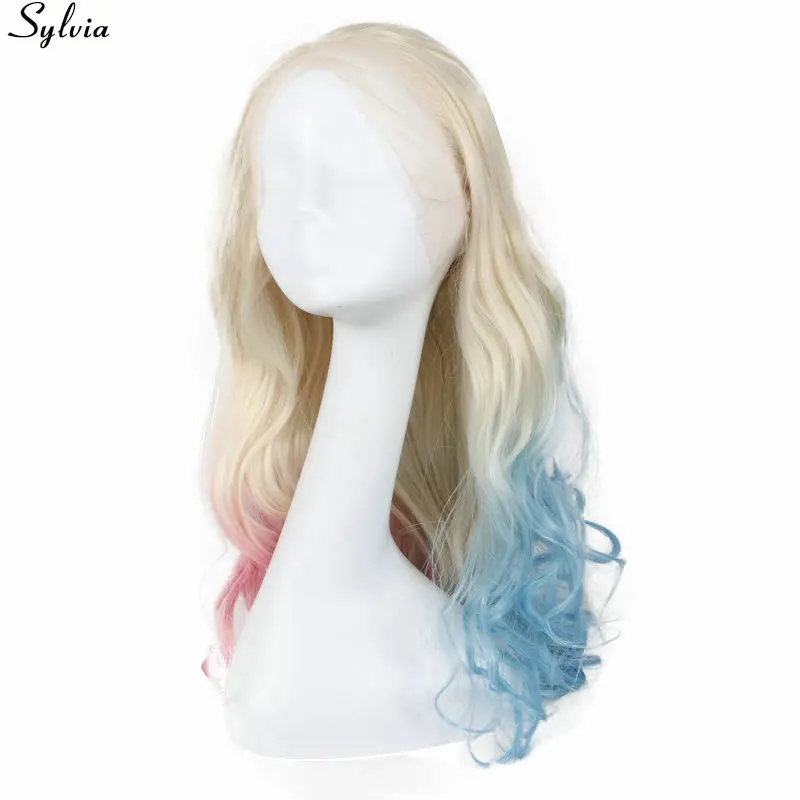 Sylvia Nature Hairline Heat Resistant Fiber Hair Body Wave Party Wigs Blonde Ombre Blue/Pink Glueless Synthetic Lace Front Wig | Шиньоны и