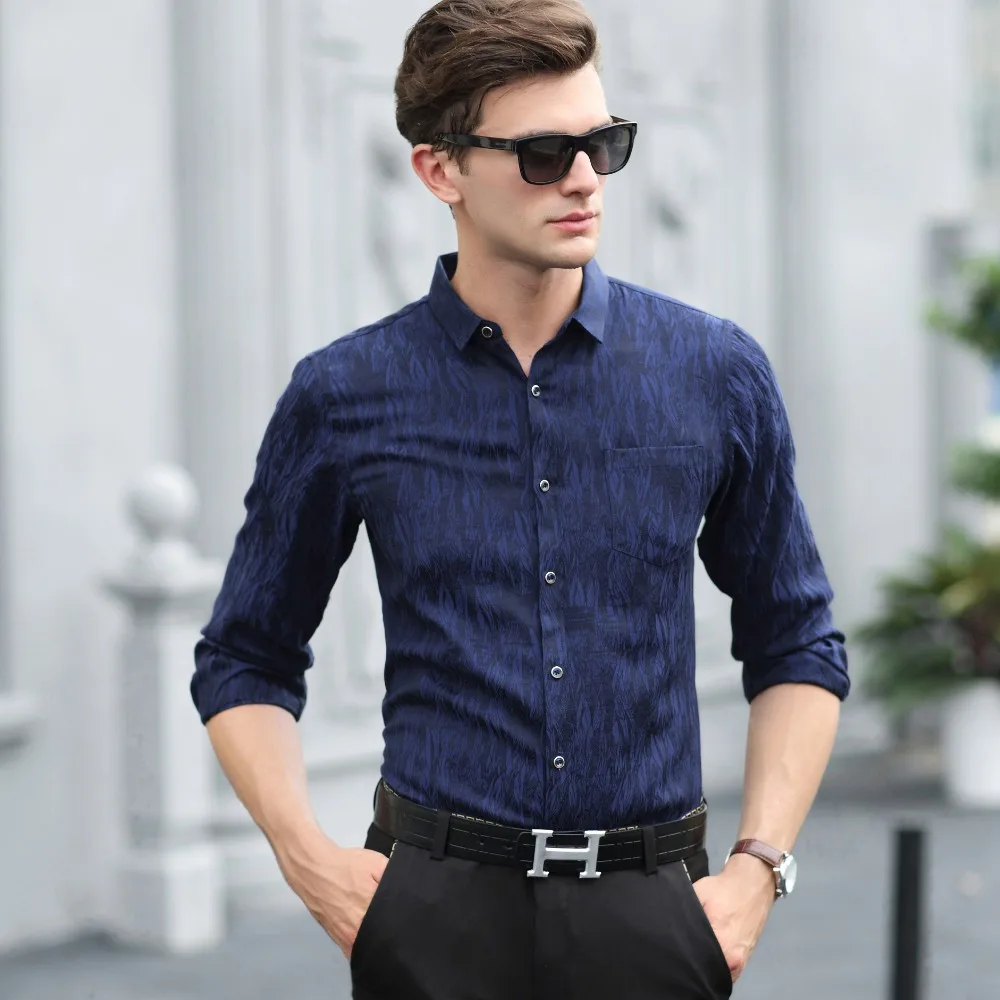 Мужская летняя рубашка с принтом приталенная длинным рукавом стирающаяся водой 2017|slim fit clothes|f shirtsfashion shirt |