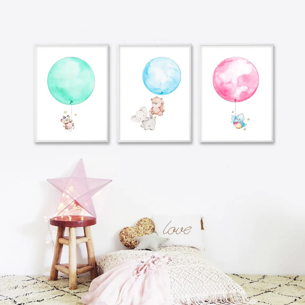 Gohipang Watercolor Balloon Bear Elephant Cartoon Poster Print Minimalist Painting Wall Art canvas Picture Nordic Style Kids | Дом и сад
