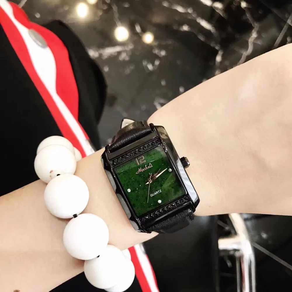 

MASHALI Mysterious Black with Green Watch Leather Neutral Women Fashion Square Watches Quartz Dress Wristwatch Montre Femme W181