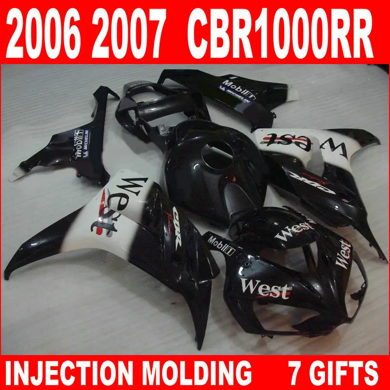 

Горячая Распродажа литья под давлением для HONDA CBR1000RR 2006 2007 Обтекатели CBR 1000 rr 06 07 обтекатель глянцевый черный и белый West UFJ86