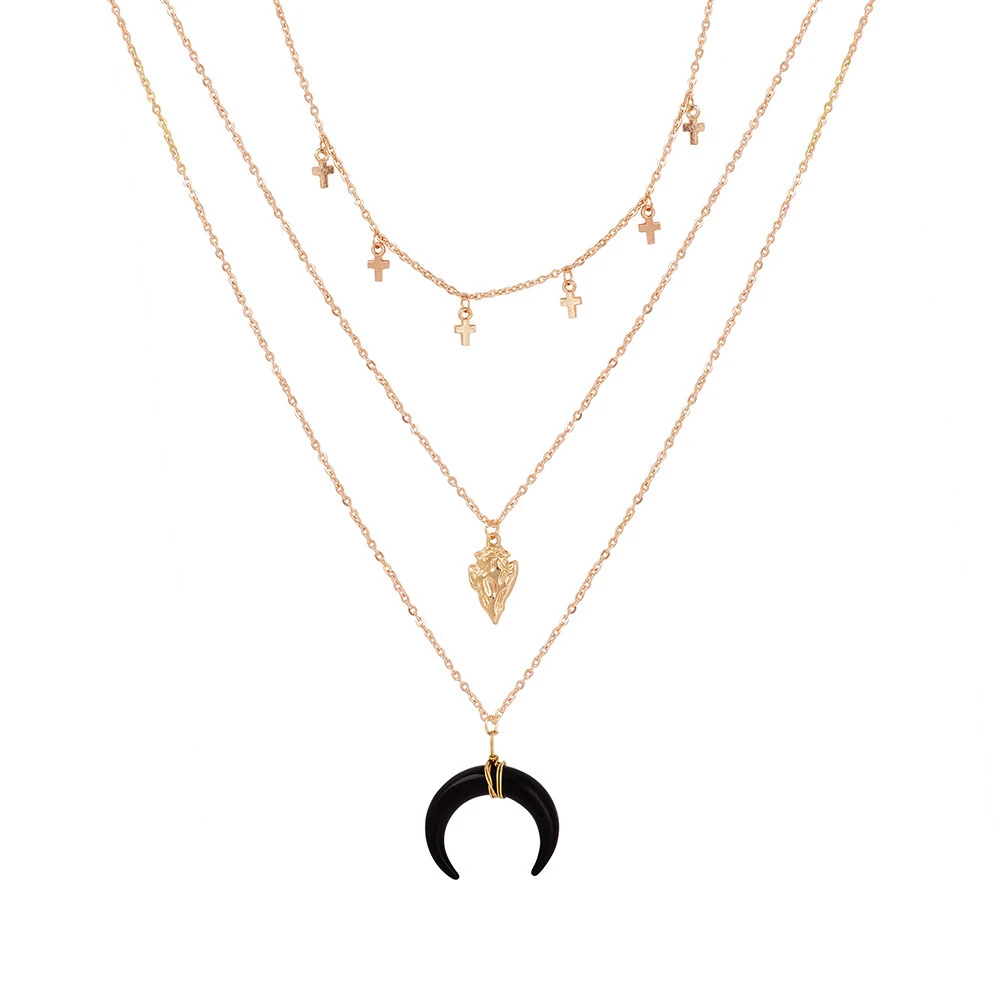 MAA-OE Vintage Fashion Gold Metal Pendant Necklaces For Women Boho Black Moon Stone Cross Geometry Multi Layer Necklace Jewelry | Украшения