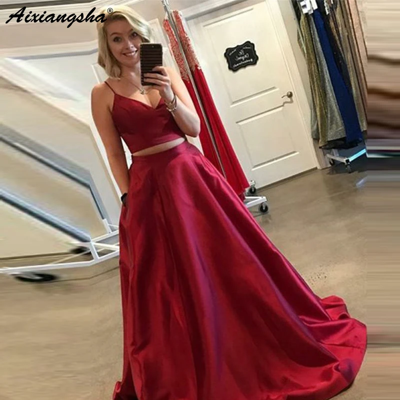 

New Listed Two Piece Long Prom Evening Gown Ball Gown V Neck Spaghetti Straps Dark Red Satin Long Prom Dresses with Pockets