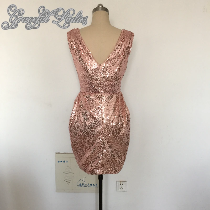 Розовое Золото Блестки Короткие Пром Платья На Заказ V Шеи До Колен Полу