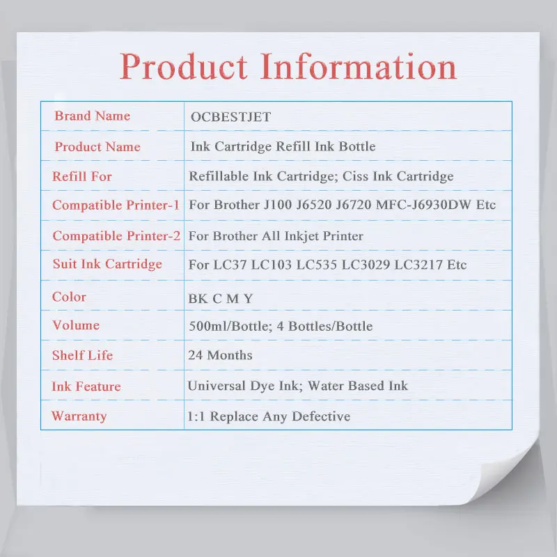 

4x500ml Dye Ink Bottle For Brother LC123 LC221 LC223 LC225 LC227 LC525 LC529 LC3017 LC3029 LC3217 LC3329 LC3319 Printer(K C M Y)