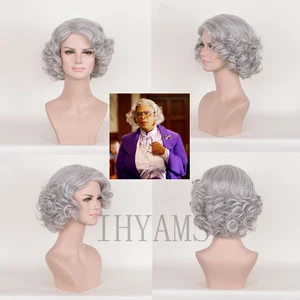 Бу! A Madea, Хэллоуин, серый смешанный короткий кудрявый синтетический костюм для косплея, парики + бесплатная шапочка для парика