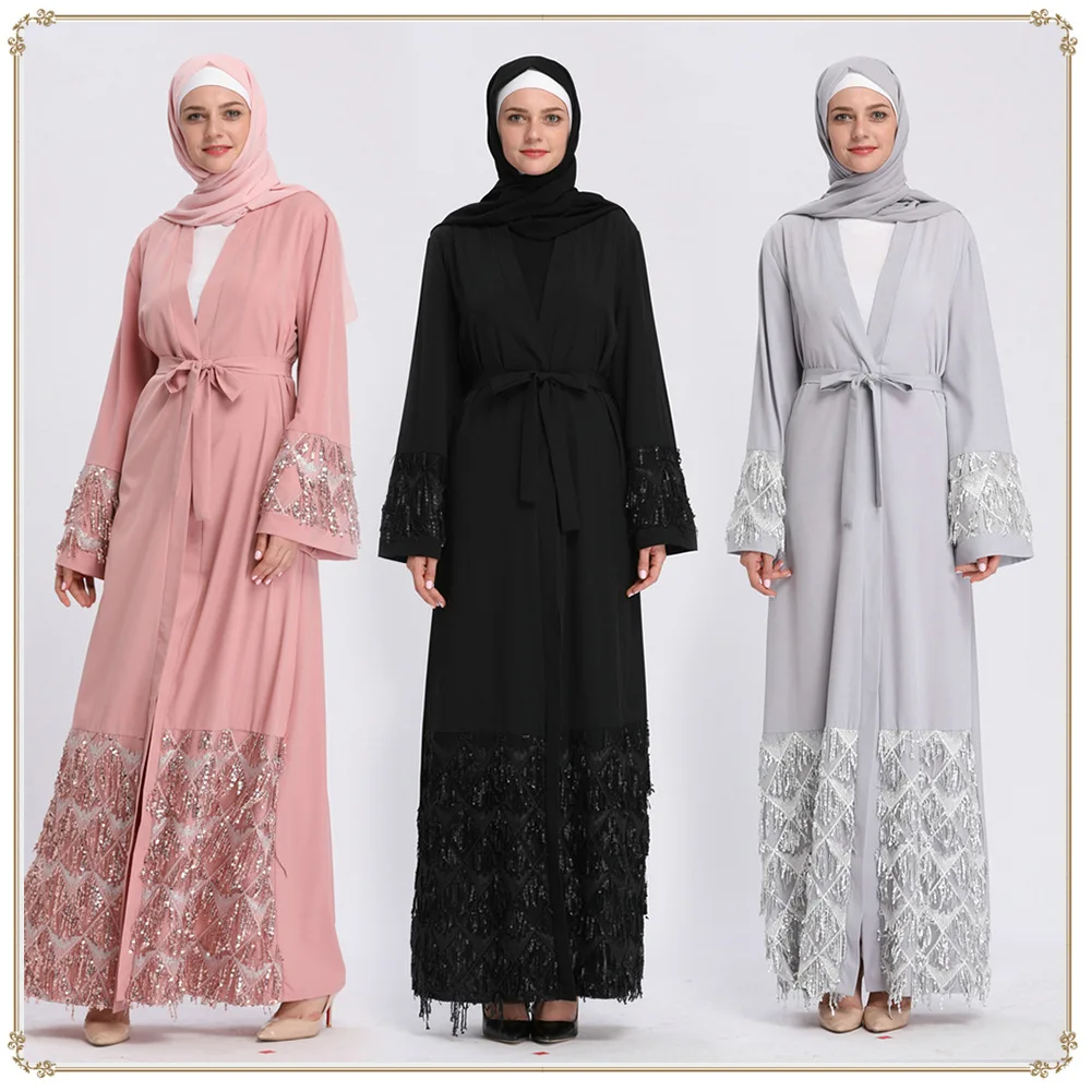Мусульманский кафтан с блестками и кисточками кимоно Abaya мусульманское хиджаб