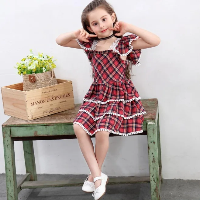 1166#Dress Birthday Cake Girl Baby Dress Red Plaid Three-layer Lace Ruffled Princess Lattice | Детская одежда и обувь