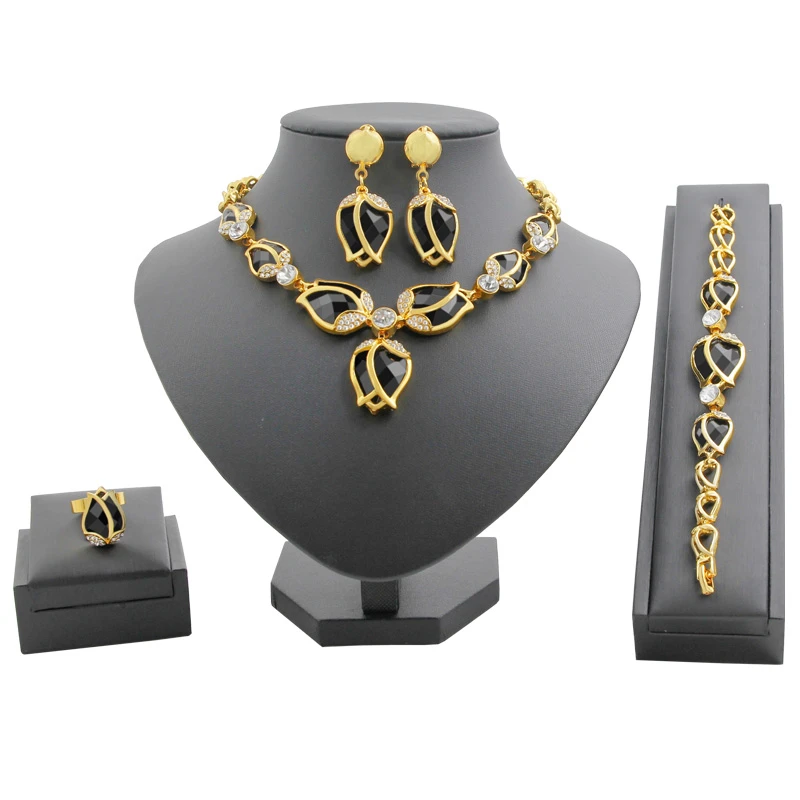 Модные роскошные свадебные 24 Золотые Ювелирные наборы ожерелье браслет серьги