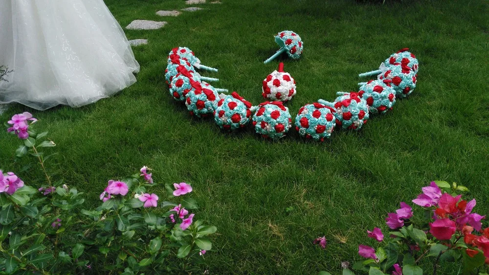 DIY брошь букет Шелковый невесты Свадебный голубой синий и коралловый Ткань розы