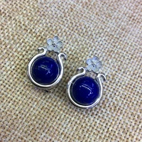 s925 longnice silver silver inlaid pure natural lapis lazuli stone flower ear earrings