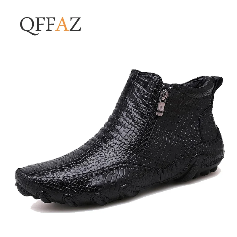 

QFFAZ Демисезонные ботинки, кожаные высокие ботильоны, мужские мягкие мокасины на плоской подошве, лоферы, военные ботинки, обувь для вождения
