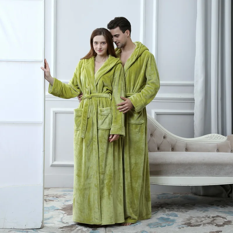 Women Men Winter Flannel Robe hooded Extra Long Warm Bathrobe Luxury Thick Bath Robes Plus Size Soft Thermal Dressing Gown | Женская