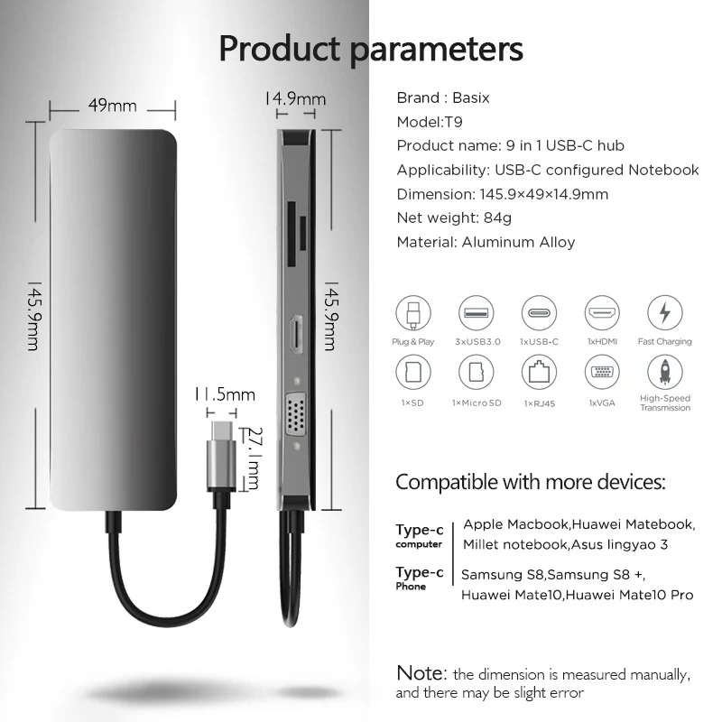 Usb type c концентратор Thunderbolt 3 usb 1 к HDMI 4K VGA 1080p конвертер с usb3.0 RJ45 100 гигабитный Ethernet