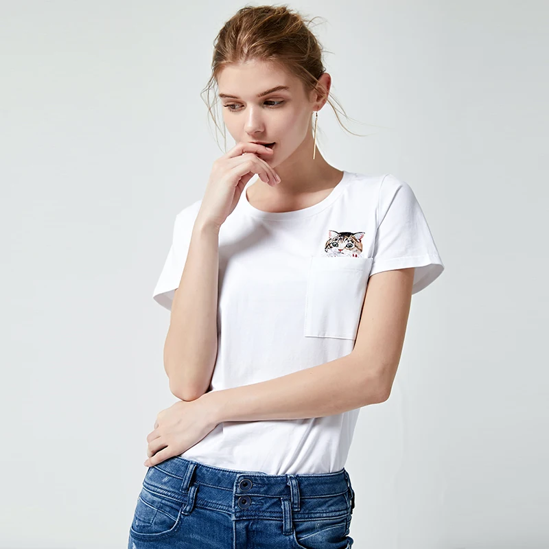 YOYOCATHY White Short Sleeved T-shirt Women 100% Cotton Loose Bottom Coat Kitten Embroidery With Mercerized Chemise Femme | Женская