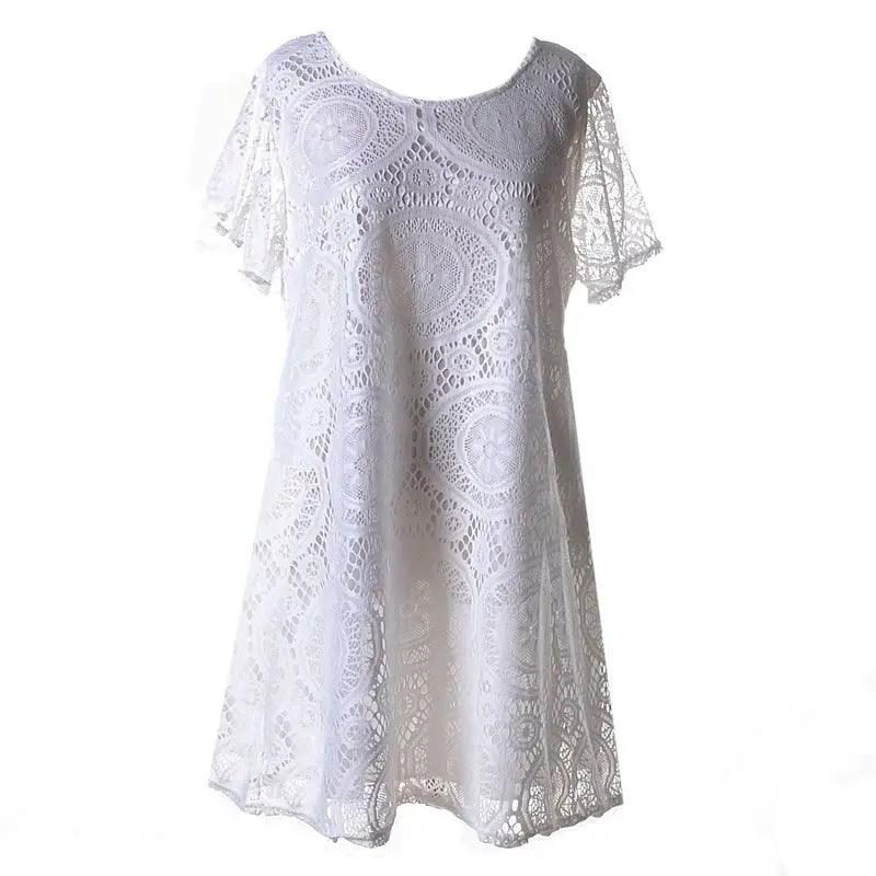 

Newest Women Casual Summer Floral Lace Patchwork A-line Dresses Short Sleeve O-neck Vestidos Hollow Out Female Dresses