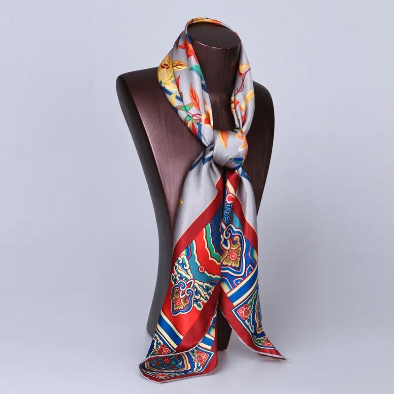 HA759 100% Mulbery Silk Satin Scarf Women 90cm Large Square Scarves Chinese National Floral Print Summer Sunscreen Wraps Foulard |