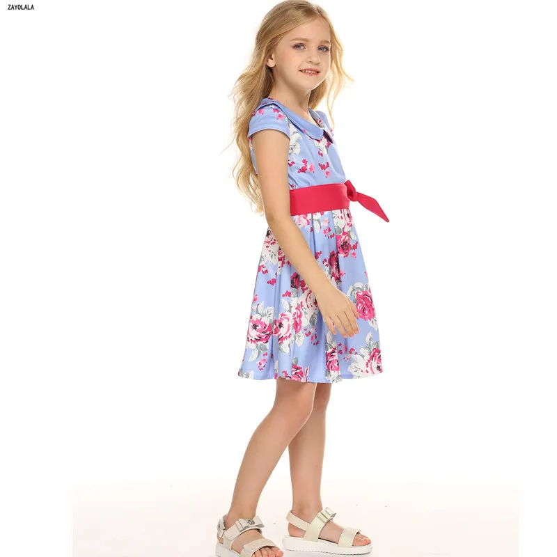 Children Flower Dresses For Girls Summer Kids Clothes Short Sleeve Belt Printed Princess Dress 3 4 5 6 7 8 Years | Детская одежда и
