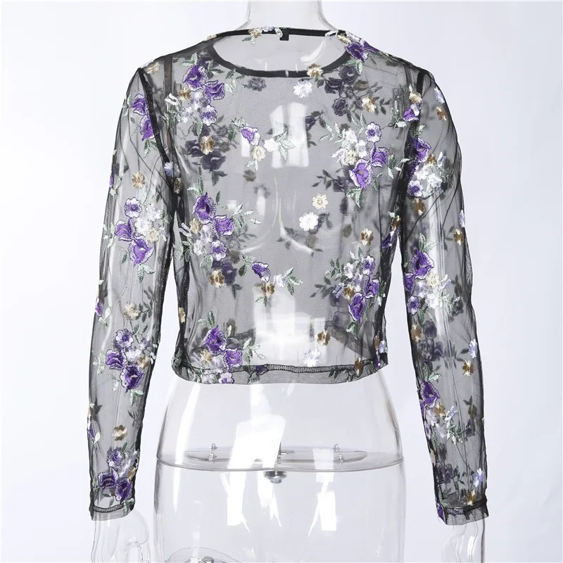 Женская прозрачная блузка с цветочной вышивкой летняя длинным рукавом | одежда