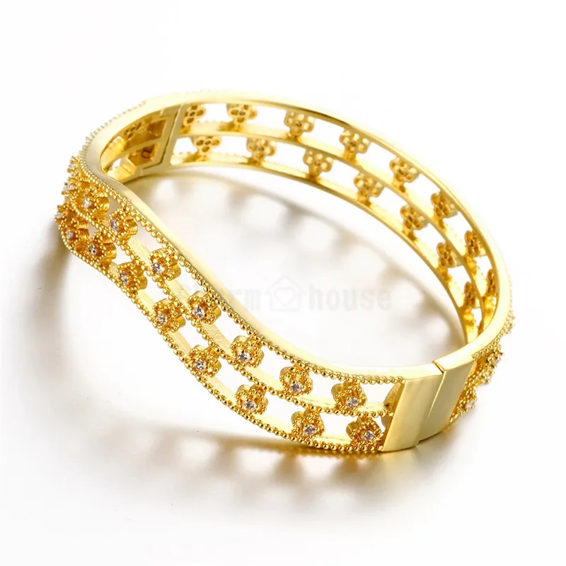 Womens Bracelets Rose Gold/Gold Color Cubic Zirconia for Woman Fashion Jewelry Wide Hollow Bangles Pulseira Female | Украшения и
