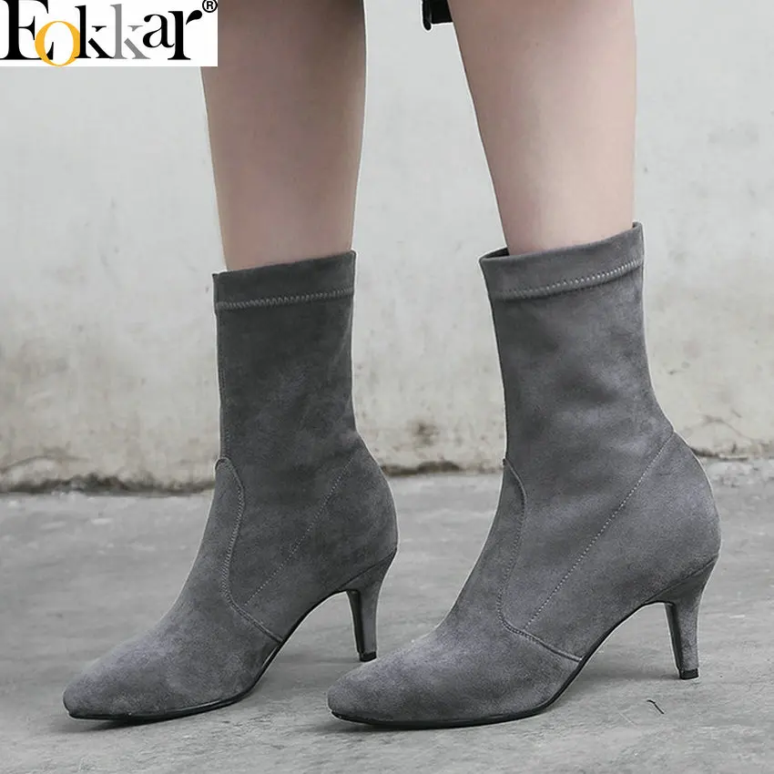 

Eokkar 2020 Women Mid Calf Boots Women Shoes Slip on Pointed Toe Thin High Heel Fashon Women Boots Sexy Winter Boots Size 34-43