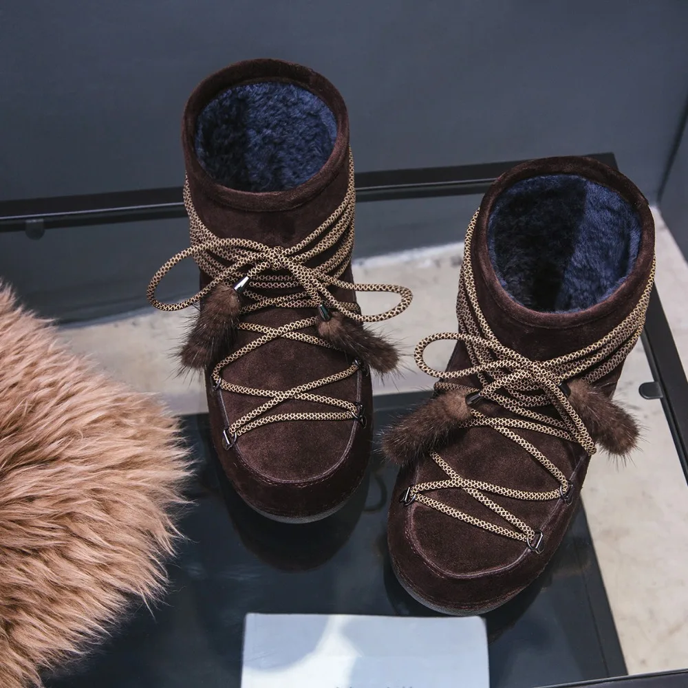 Hiver Bottines Femme/фирменный дизайн коричневый цвет на шнуровке Шерсть женские зимние