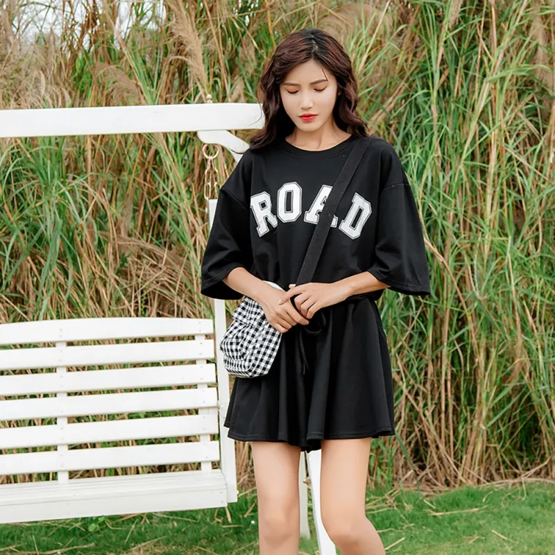 

Short Set for Women 2019 Two Piece Set Fashion Half Sleeve Letter Print O-Neck Top And Solid Shorts Set Short Femme