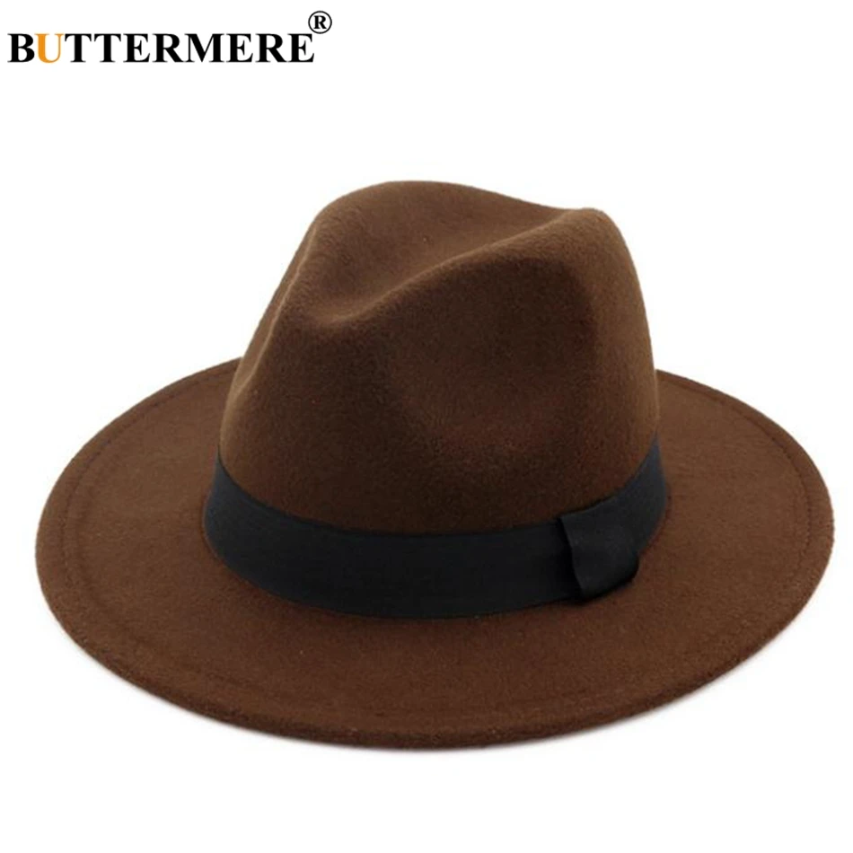 coffee hat BUTTERMERE фетровые шляпы для девушек, хлопковая серая джазовая шляпа, Топ для женщин с широкими полями, британская Классическая фетровая шапочка, Женская осенне-зимняя фетровая шапочка - Цвет: coffee hat