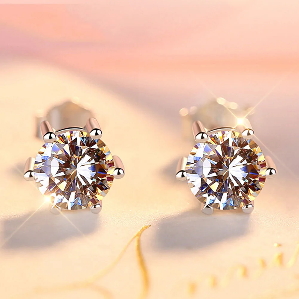

Authentic 925 Sterling Silver Earring Simple Six-claw Flower Crystal Stud Earring For Women Wedding Party Jewelry Gift
