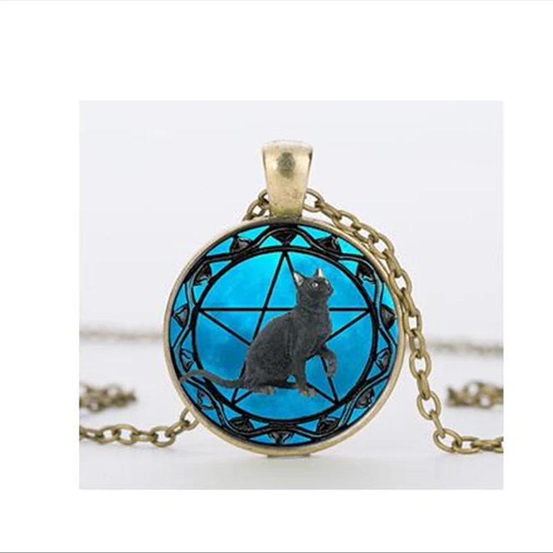 Черный кулон wiccan ожерелье воротник Wicca пентаграмма синий стеклянный кулон cristal colgante Wicca ошейник A-032 HZ1
