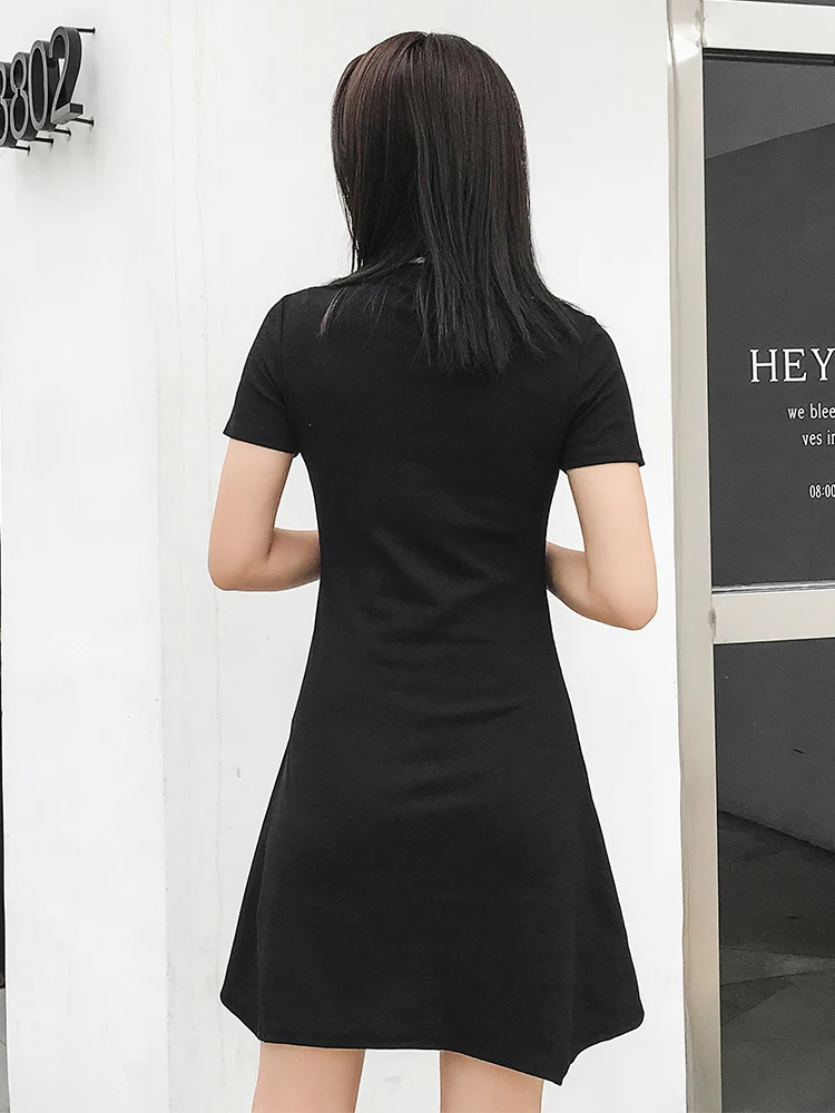 Элегантный дизайн женское платье Лето Polo Neck короткий рукав черный сарафан А-силуэта мини-платья Женская одежда GQZ19021
