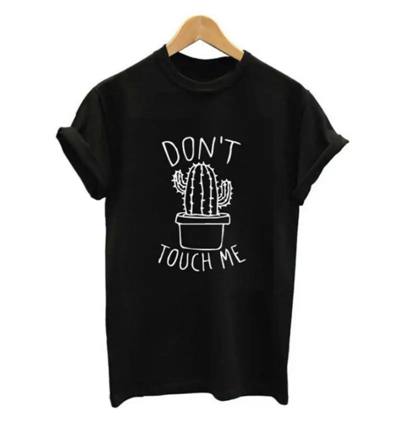 Черный Футболка с принтом "Don TOUCH ME" и надписью "кактус", Женская свободная футболка с коротким рукавом и круглым вырезом, лето, женская футболка, топы - Цвет: Черный
