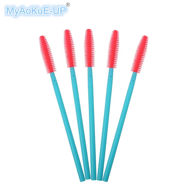 50pcs One-off Silicone Mascara Wands Applicator Disposable Eyelash Brushes Towel Shape Makeup Brush For Eyelash Extension - Handle Color: Blue deep pink