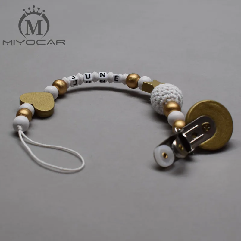 

MIYOCAR personalized any name gold and white wooden beads dummy clip holder pacifier clips holder/Teethers clip for baby