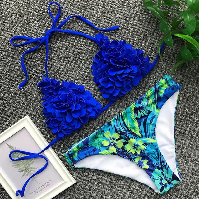 B610Blue2 Сексуальное бикини с объемными цветами, два предмета, купальник для женщин, голубой купальник, Женский Бразильский бикини, микро бикини, набор, купальники с эффектом пуш-ап - Цвет: B610Blue2
