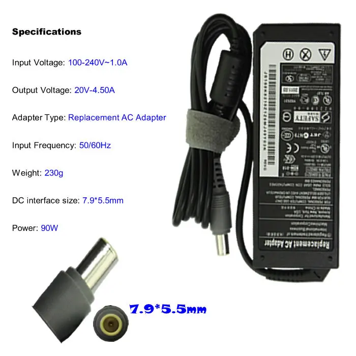 Замена 20V 4.5A 7 9*5 5 мм 90 Вт для Lenovo ThinkPad R60 R61 T530 T510I E545 W500 X200 X300AC зарядное устройство