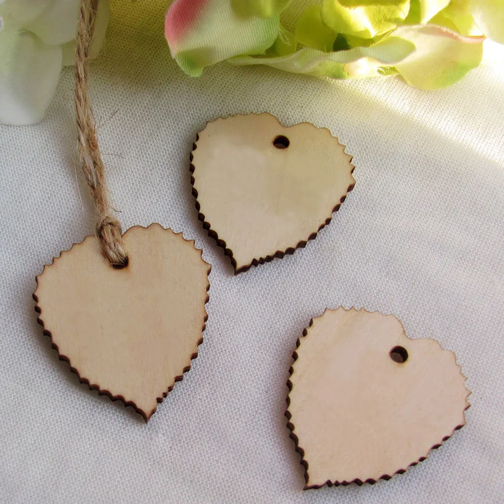 Деревянные бирок в форме сердца 200 шт. подарочные с джутовой ниткой 40 мм * 37 мм|wedding