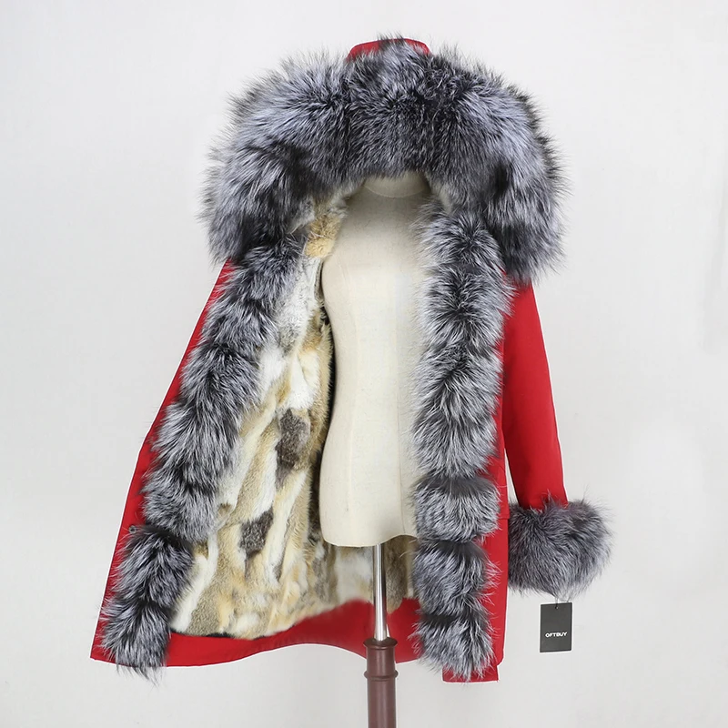 red silver OFTBUY Водонепроницаемая парка зимняя куртка женская шуба из натурального меха енота воротник капюшон Подкладка из натурального кроличьего меха уличная одежда - Цвет: red silver