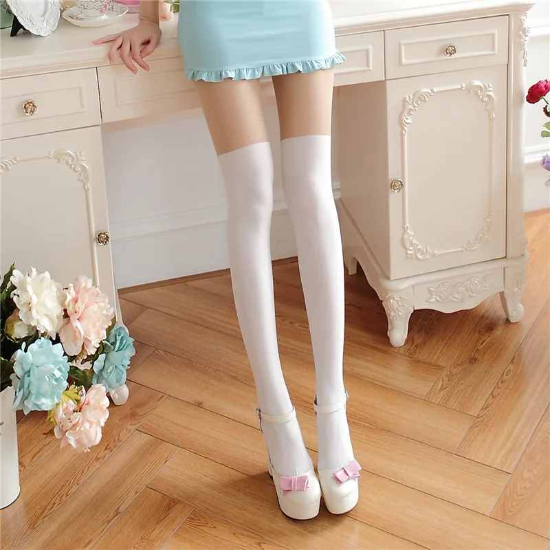 Cute Princess White Tights Over Knee Double Stripe Sheer White Temptation Sheer Mock Suspender Patchwork Pantyhose Tights