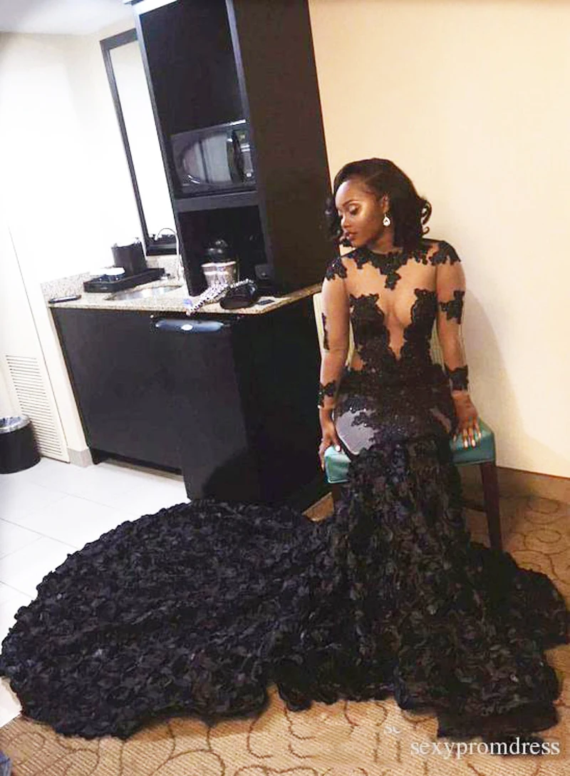 hot sexy mermaid prom dress long 3D flower black graduation for girls floor length gowns vestidos de noiva longo | Свадьбы и