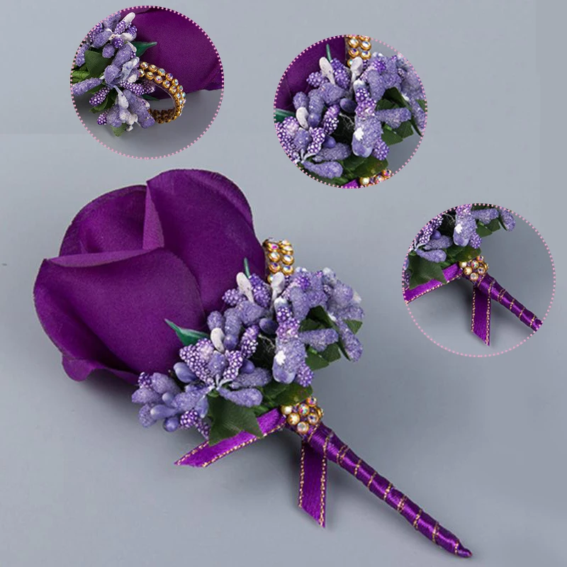 

Purple Rose Boutonniere Bridemaid Bride Corsage Pin Marriage Birthday Prom Party Brooch Clips For Suit Wedding Dress 2021 New