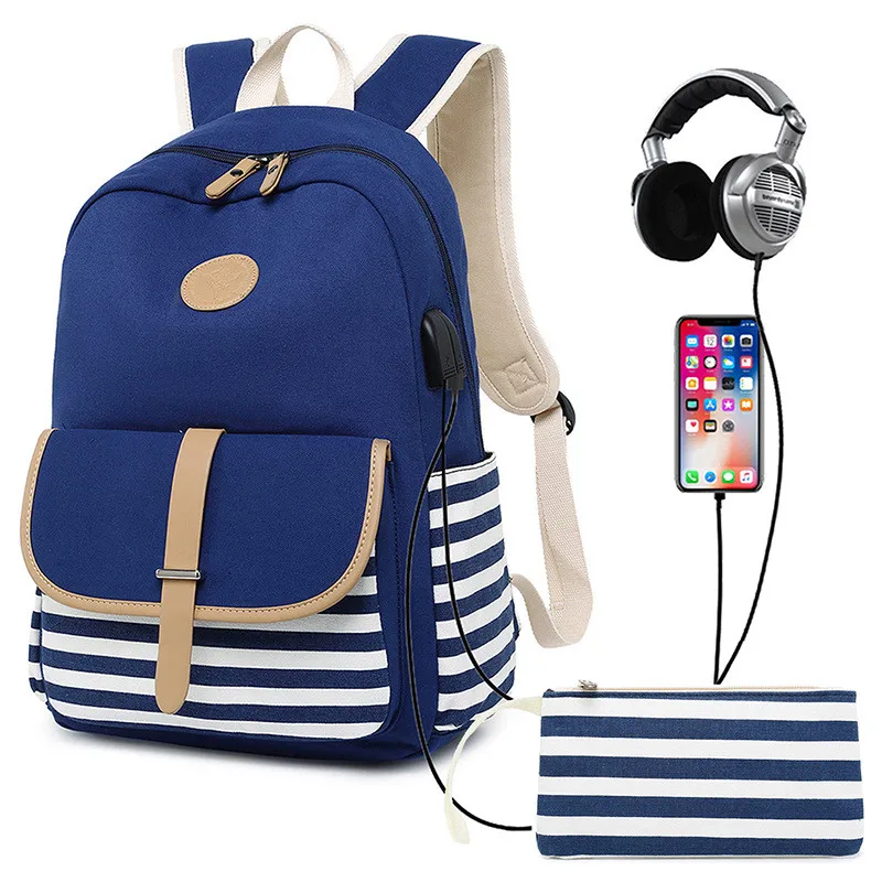 

Women backpack USB charging laptop backpack for teenage girls school backpack Fashion stripe Female canvas Travel Backpacks