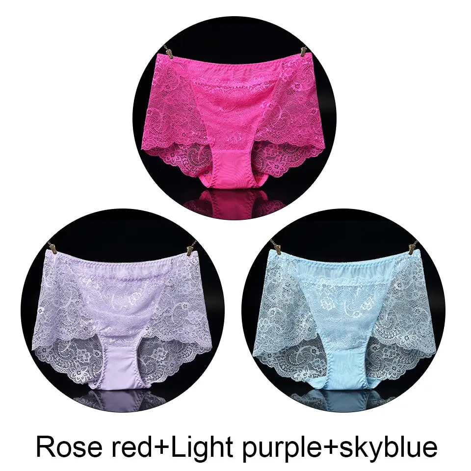 Rose Light-p Sky 3 шт., нижнее белье, женские сексуальные кружевные трусики, бесшовные трусики с высокой талией, прозрачные трусики, женское нижнее белье, трусы большого размера, новинка - Цвет: Rose Light-p Sky