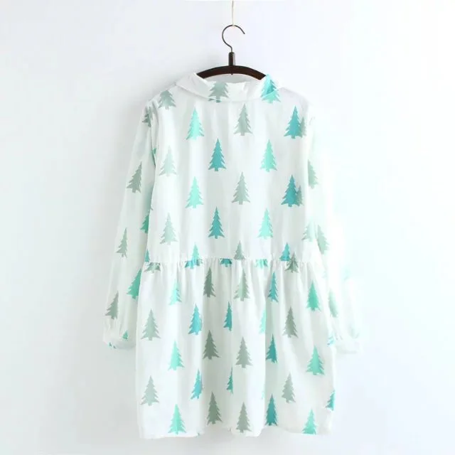 Свободные Мультфильм Дерево Печати женщины Dress Весна Длинные Рукава Хлопок